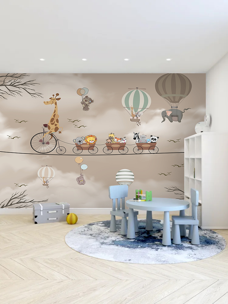3D Çocuk Odası Posteri - Eğlenceli Giraffe ve Hayvan Trenli Renkli Duvar Kağıdı