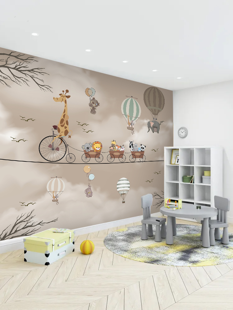 3D Çocuk Odası Posteri - Eğlenceli Giraffe ve Hayvan Trenli Renkli Duvar Kağıdı - Görsel 2