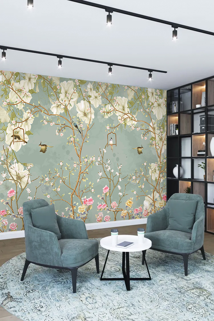 3D Çiçek ve Kuş Desenli Duvar Kağıdı - Modern Salon Dekorasyonu İçin