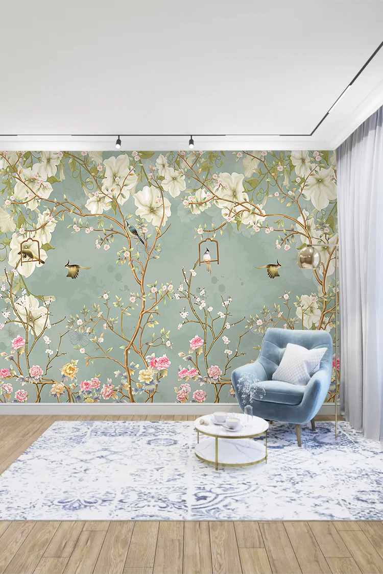 3D Çiçek ve Kuş Desenli Duvar Kağıdı - Modern Salon Dekorasyonu İçin - Görsel 2