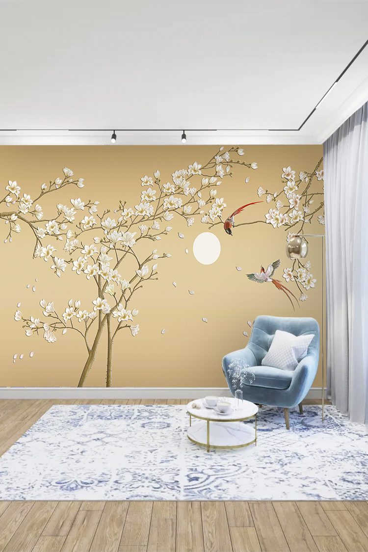 Çiçekli Kuş Desenli 3D Duvar Kağıdı - Modern Salon Dekorasyonu - Görsel 2