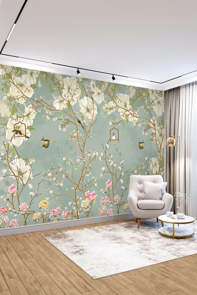 3D Çiçek ve Kuş Desenli Duvar Kağıdı - Modern Salon Dekorasyonu İçin - Görsel 3