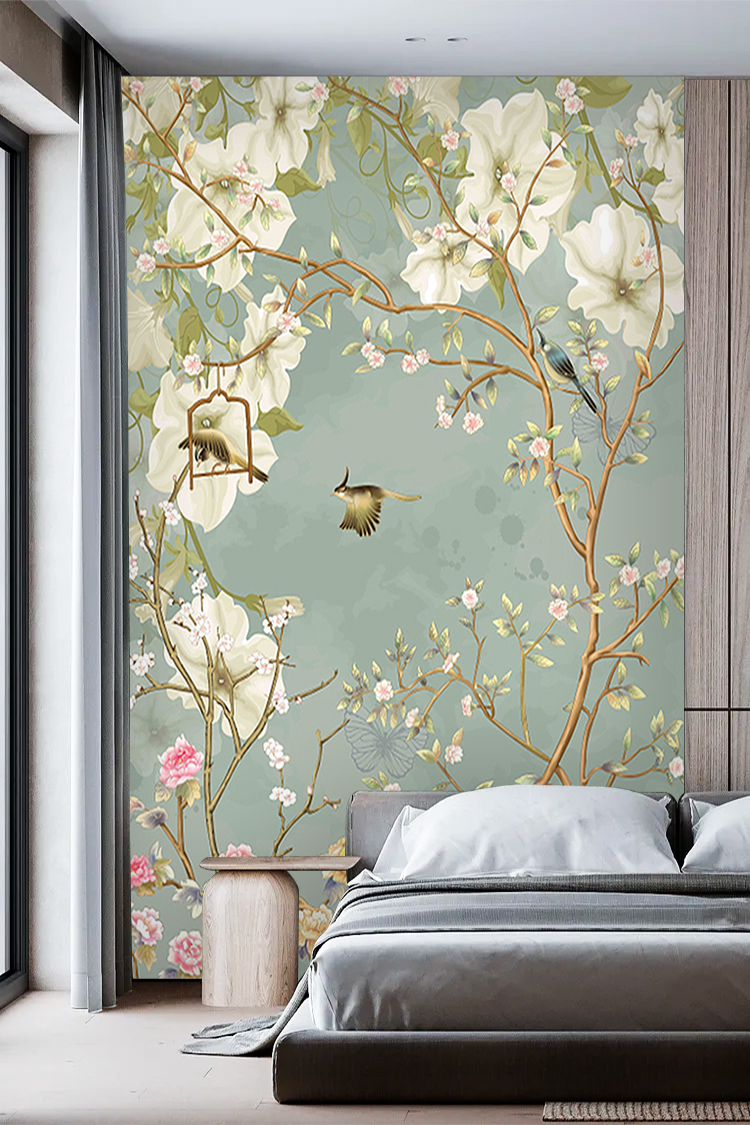 3D Çiçek ve Kuş Desenli Duvar Kağıdı - Modern Salon Dekorasyonu İçin - Görsel 4
