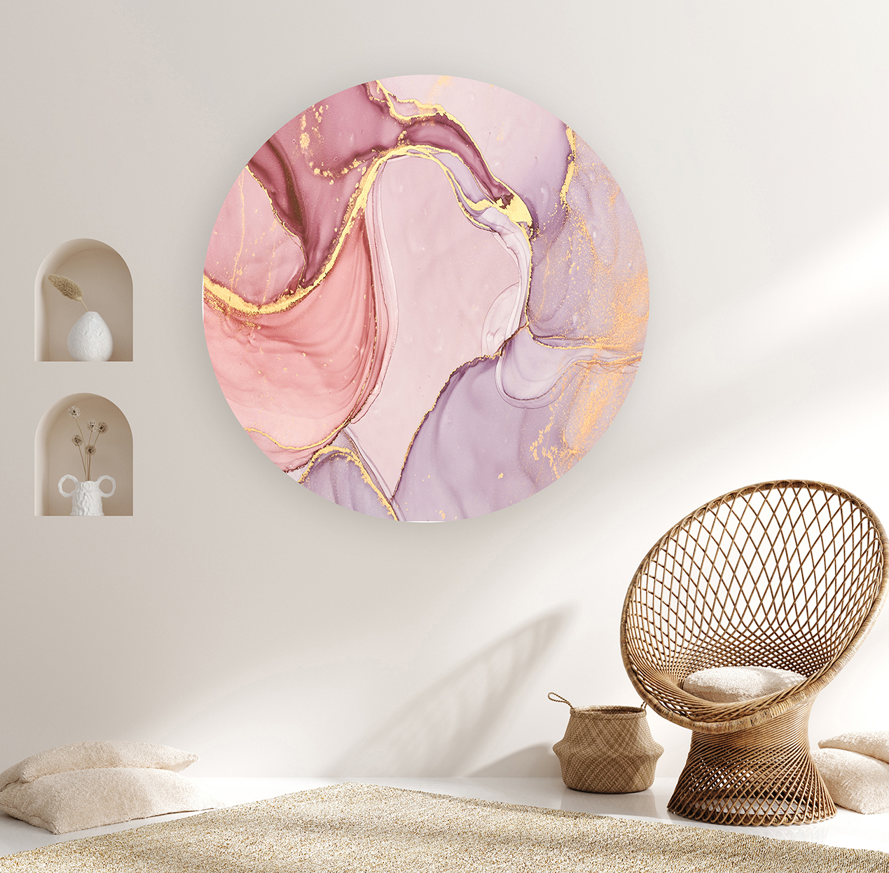 Yuvarlak Mermer Desenli Duvar Kağıdı - Altın ve Pembe Detaylarla Modern Tasarım