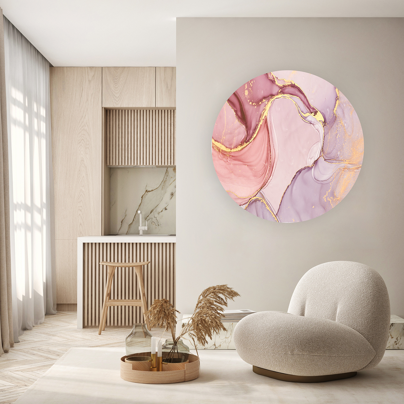 Yuvarlak Mermer Desenli Duvar Kağıdı - Altın ve Pembe Detaylarla Modern Tasarım - Görsel 5