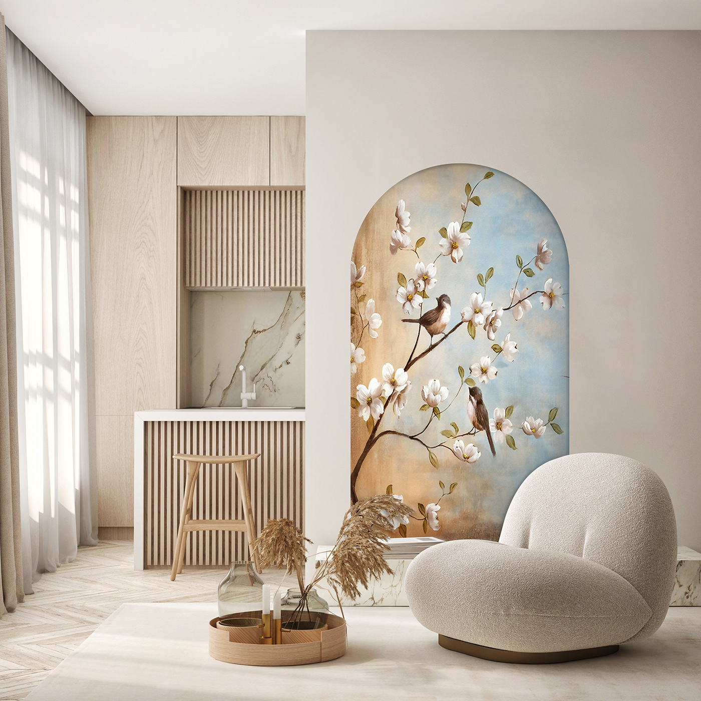 Çiçekli Kuş Desenli Soyut Duvar Kağıdı - Görsel 3