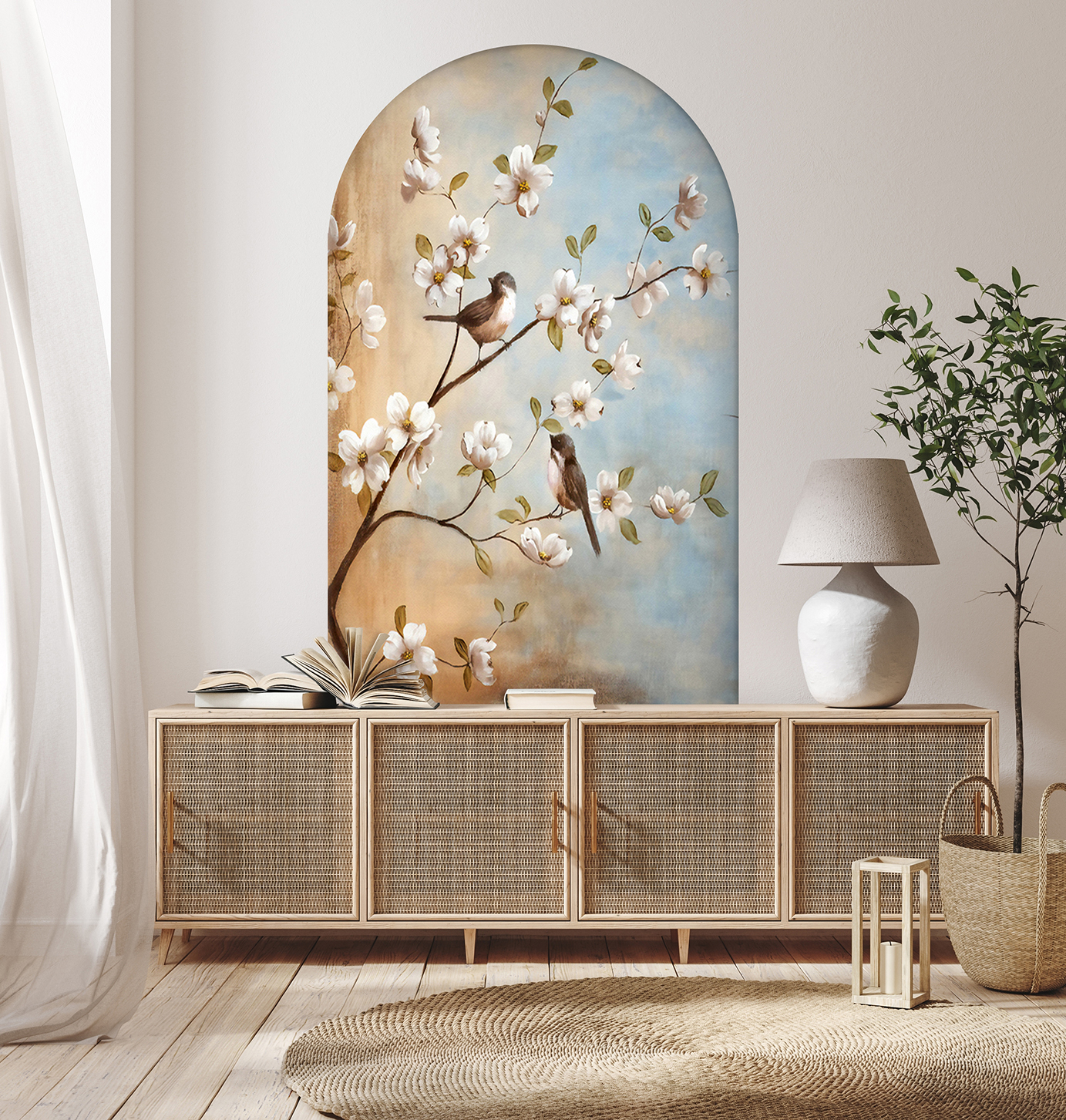 Çiçekli Kuş Desenli Soyut Duvar Kağıdı