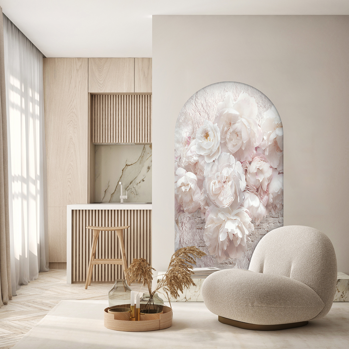 Beyaz Çiçekli Soyut Duvar Kağıdı - Görsel 3