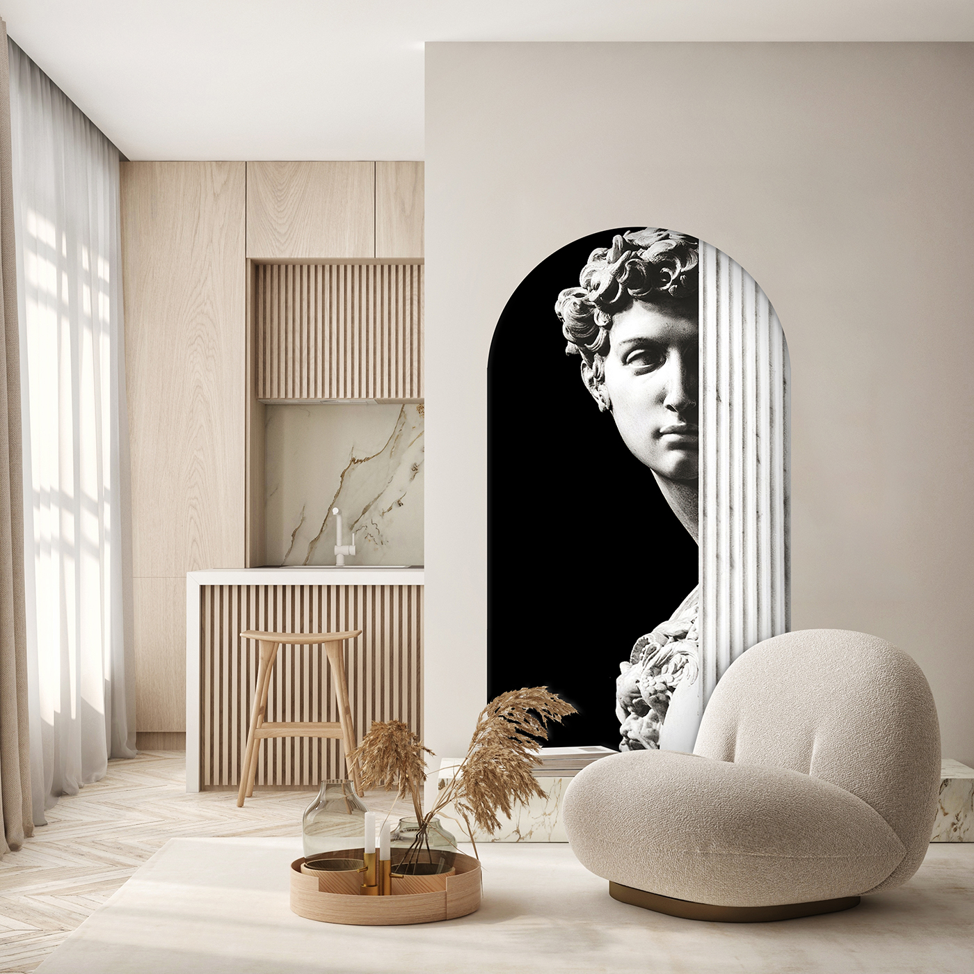 David Heykeli Desenli Duvar Kağıdı – Siyah Beyaz Modern Tasarım - Görsel 4