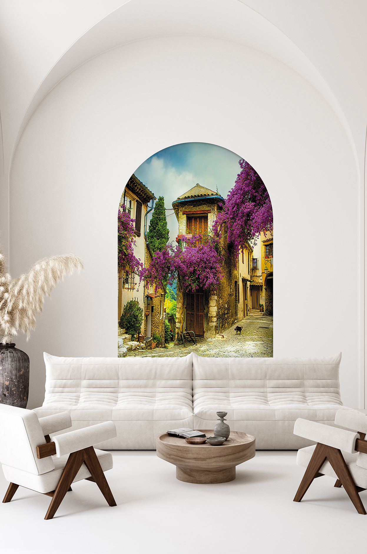 Renkli Sokak ve Mor Çiçekler Desenli Duvar Kağıdı – Romantik Tasarım - Görsel 2