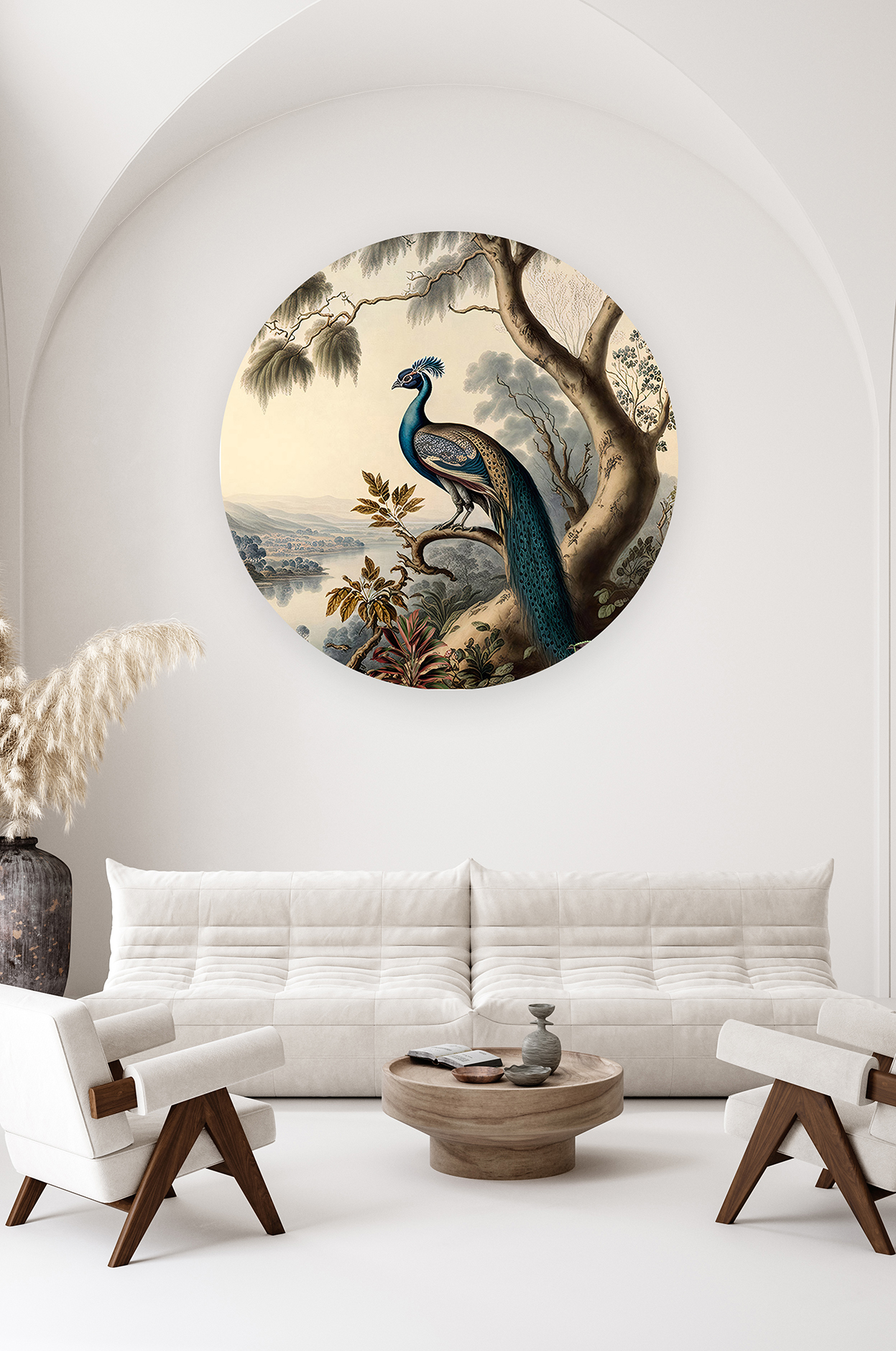 Yuvarlak Çerçevede Tavus Kuşu Desenli Duvar Kağıdı - Doğal ve Zarif Tasarım - Görsel 2