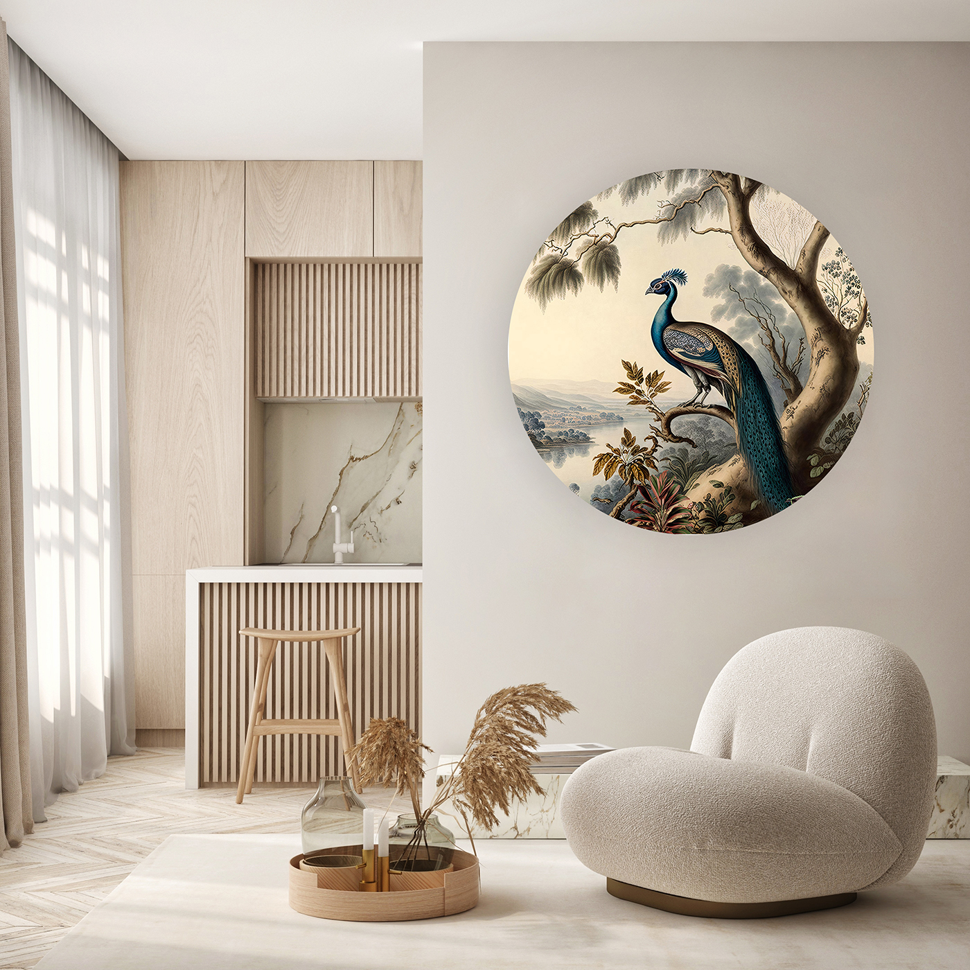 Yuvarlak Çerçevede Tavus Kuşu Desenli Duvar Kağıdı - Doğal ve Zarif Tasarım - Görsel 5