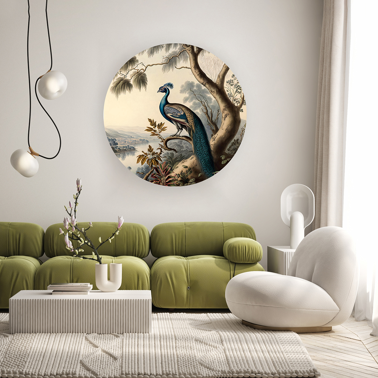 Yuvarlak Çerçevede Tavus Kuşu Desenli Duvar Kağıdı - Doğal ve Zarif Tasarım - Görsel 6