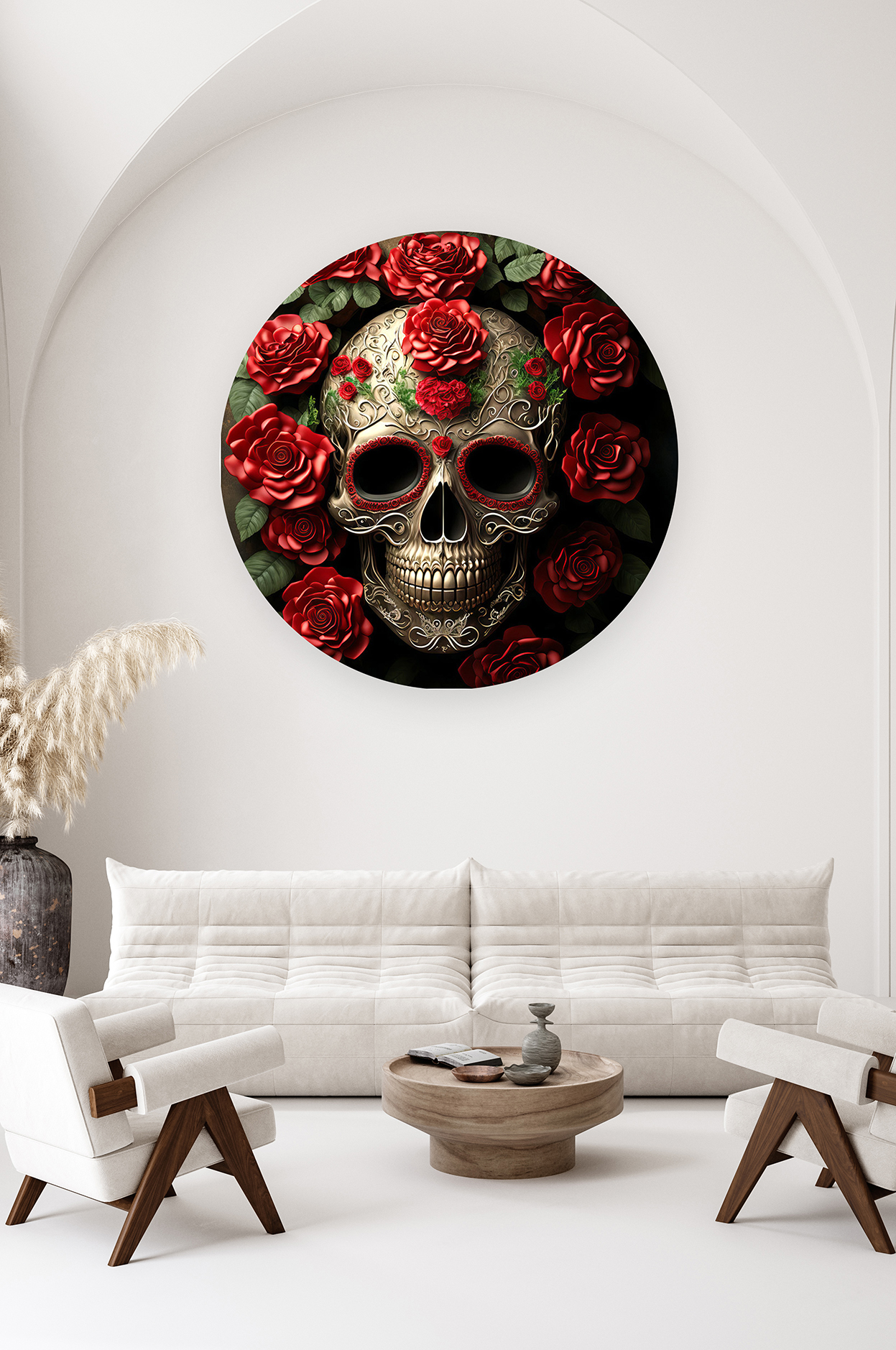 Ölü Skull Deseni Duvar Kağıdı – Kırmızı Güllerle Şık Tasarım - Görsel 2