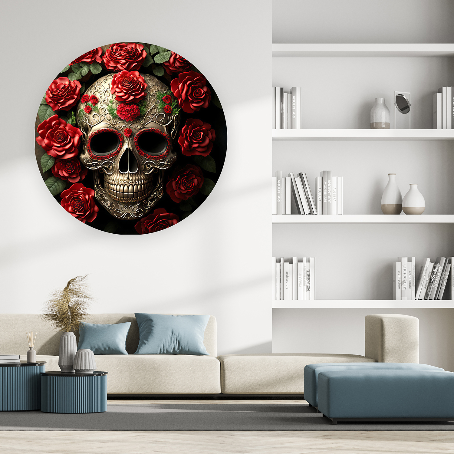 Ölü Skull Deseni Duvar Kağıdı – Kırmızı Güllerle Şık Tasarım - Görsel 3