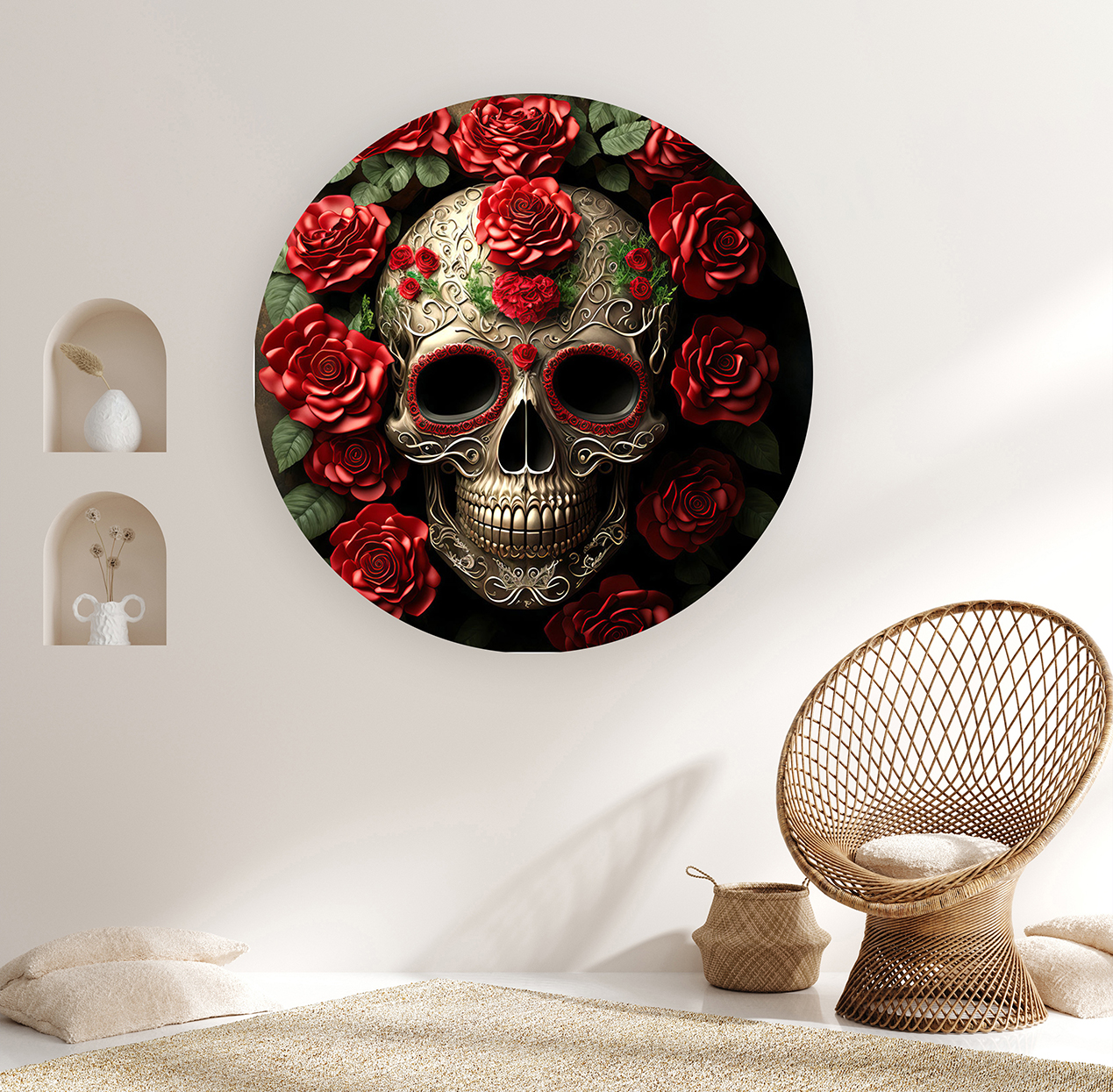 Ölü Skull Deseni Duvar Kağıdı – Kırmızı Güllerle Şık Tasarım