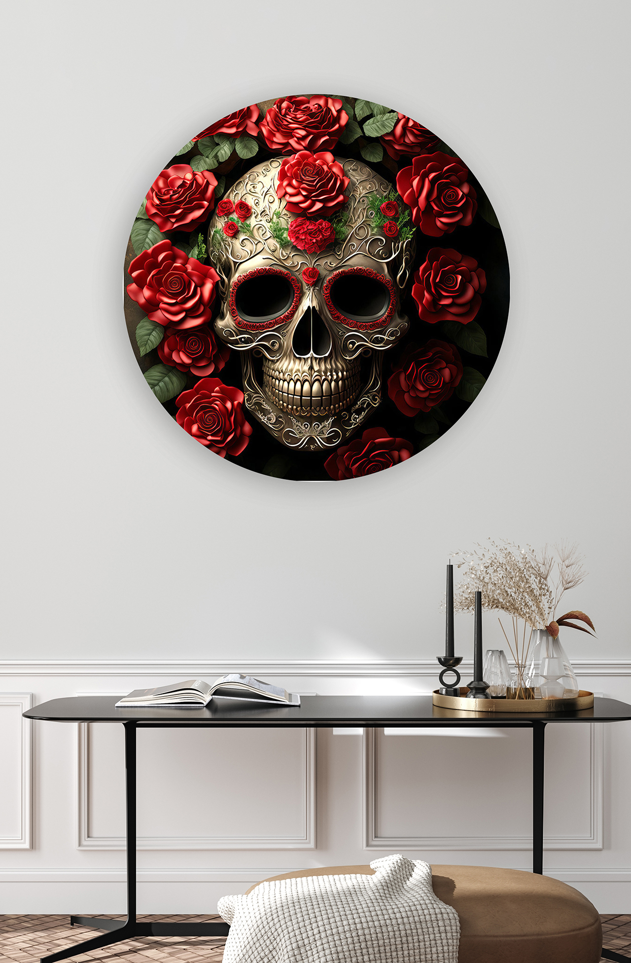 Ölü Skull Deseni Duvar Kağıdı – Kırmızı Güllerle Şık Tasarım - Görsel 4