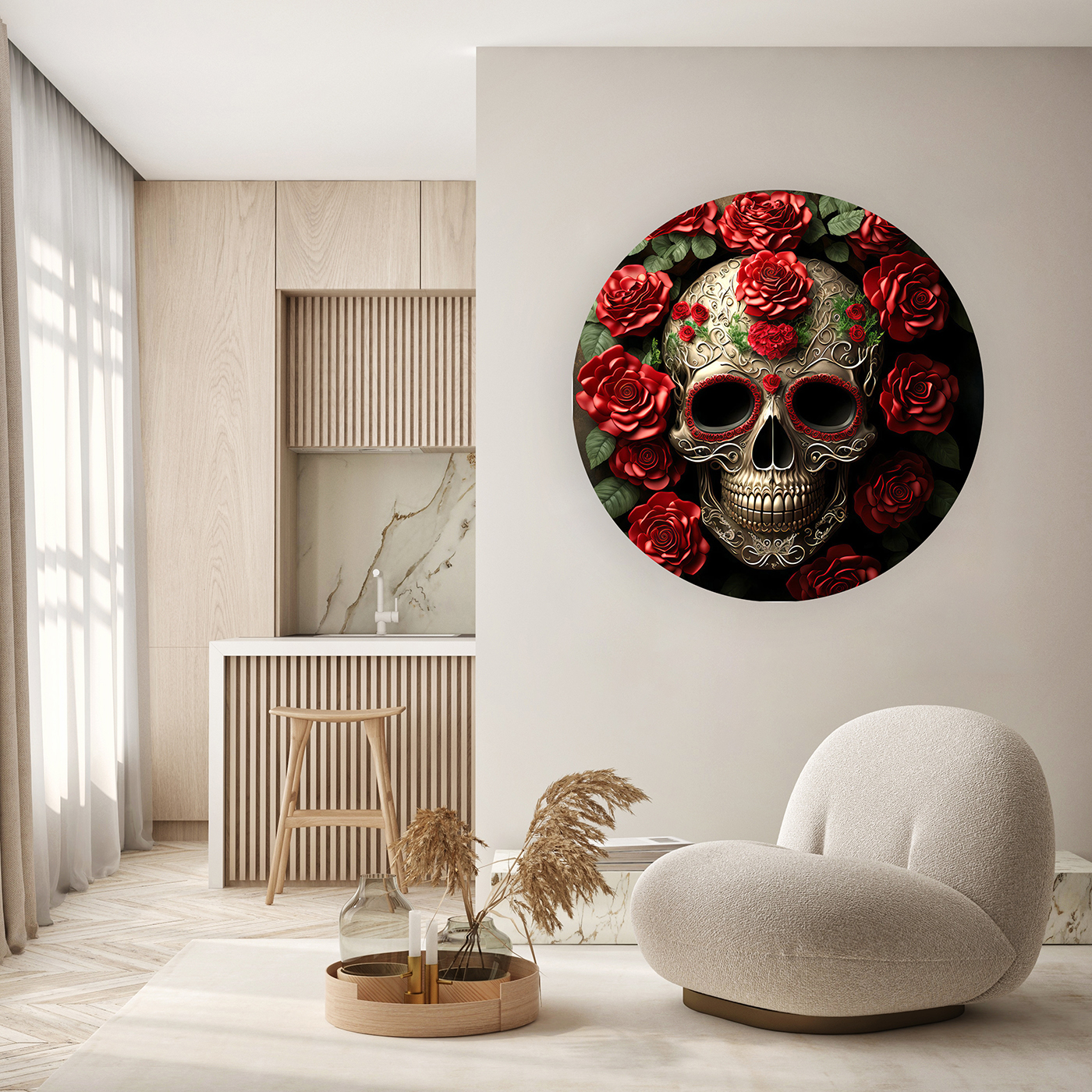 Ölü Skull Deseni Duvar Kağıdı – Kırmızı Güllerle Şık Tasarım - Görsel 5