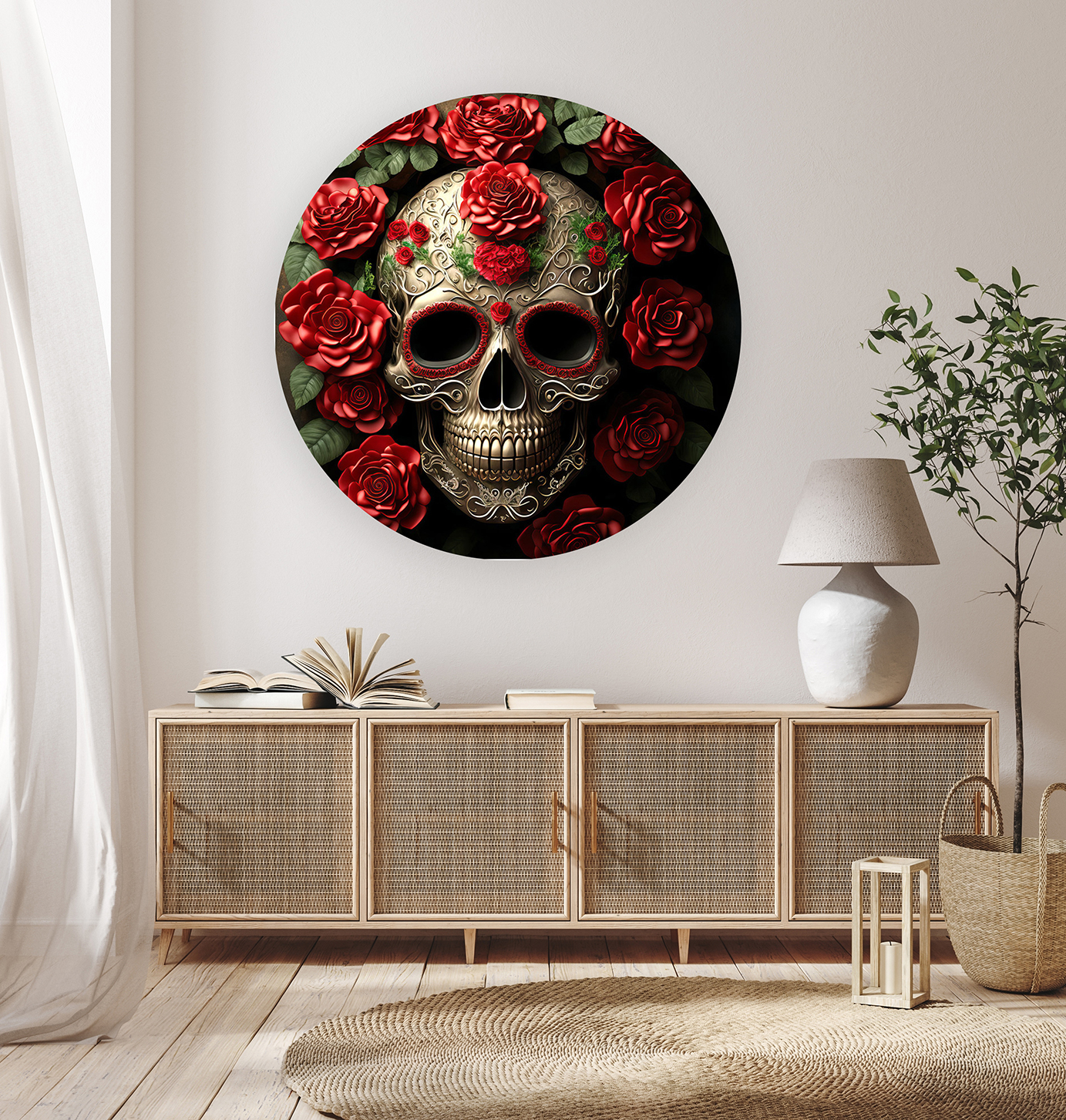 Ölü Skull Deseni Duvar Kağıdı – Kırmızı Güllerle Şık Tasarım - Görsel 7