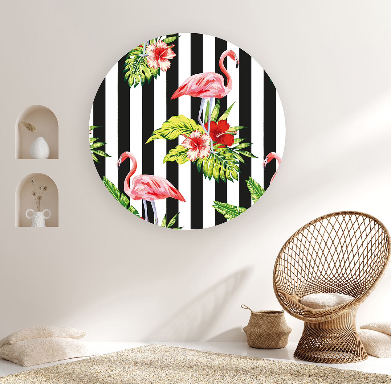 Flamingo Desenli Siyah Beyaz Çizgili Duvar Kağıdı - Tropikal Tasarım