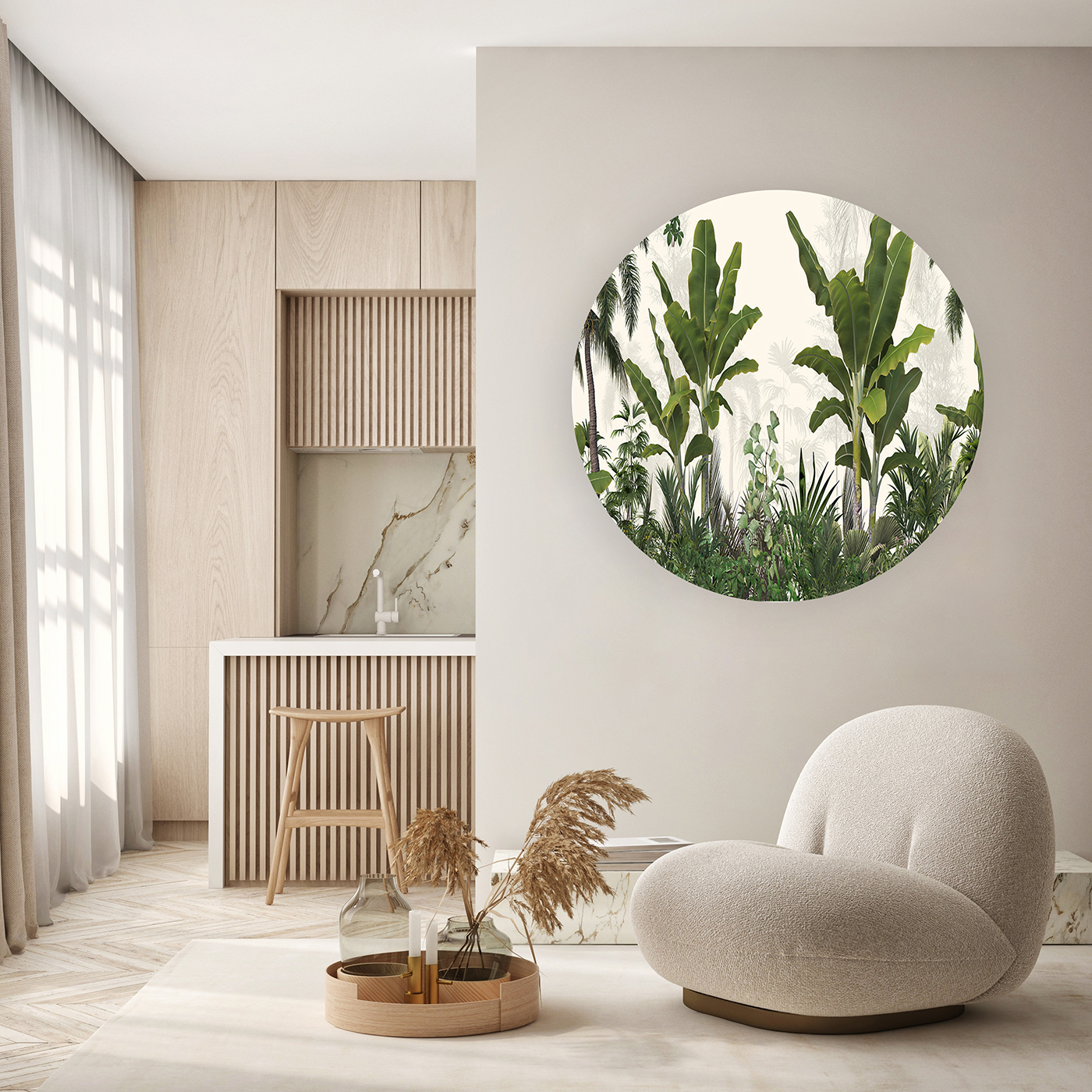 Yuvarlak Tropikal Yapraklar Duvar Kağıdı - Modern Tasarım - Görsel 5