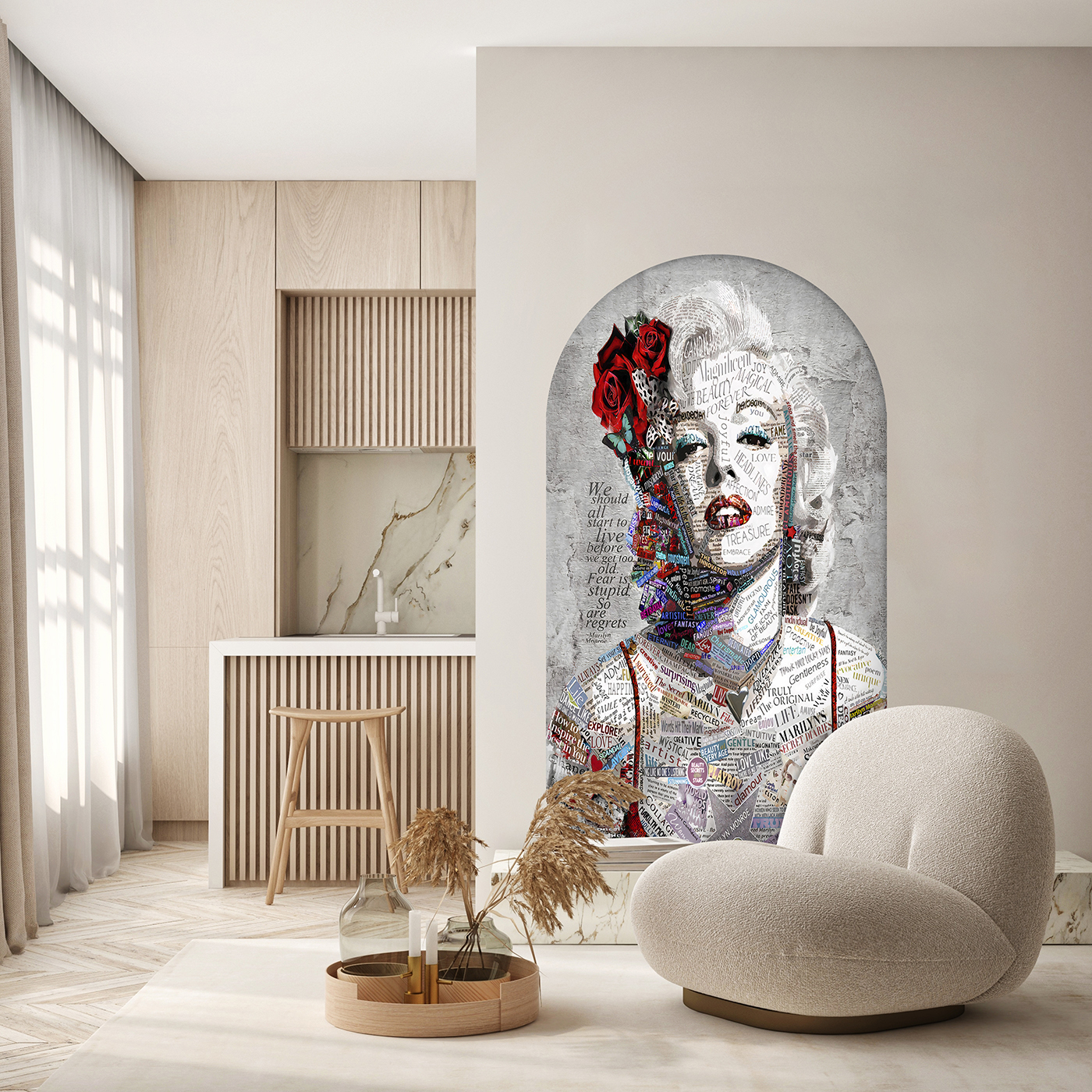 Marilyn Monroe Portresi ve Kolaj Desenli Duvar Kağıdı – Sanatsal Tasarım - Görsel 4