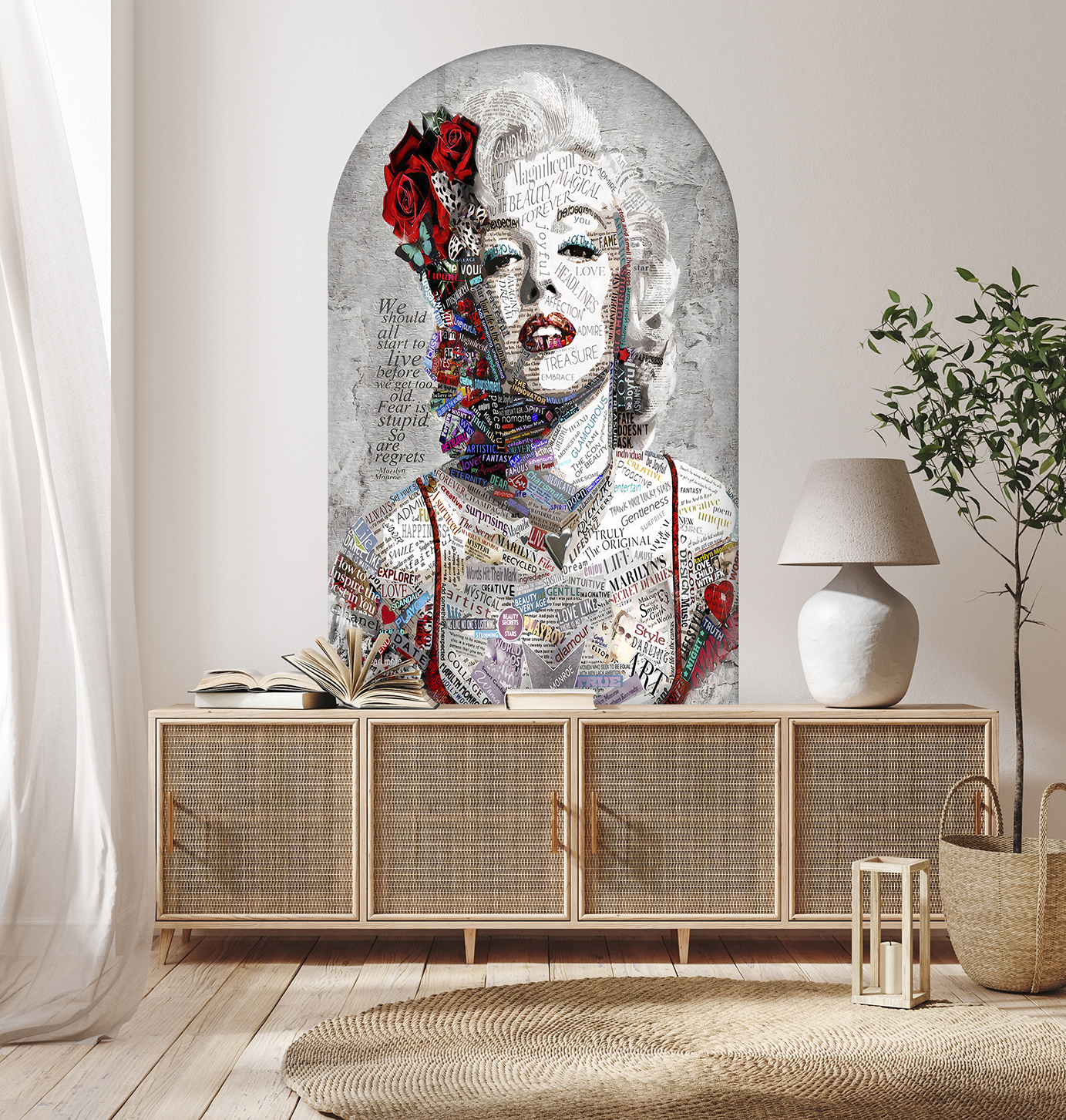 Marilyn Monroe Portresi ve Kolaj Desenli Duvar Kağıdı – Sanatsal Tasarım