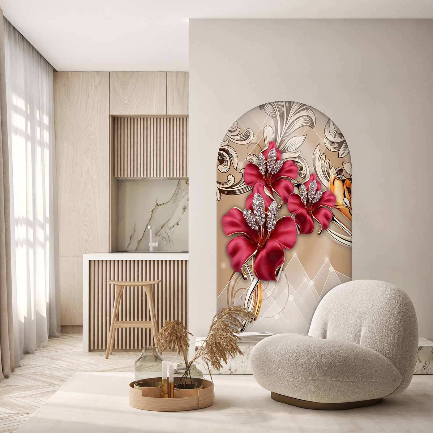 Kırmızı Çiçekli Soyut Duvar Kağıdı - Modern Tasarım - Görsel 3