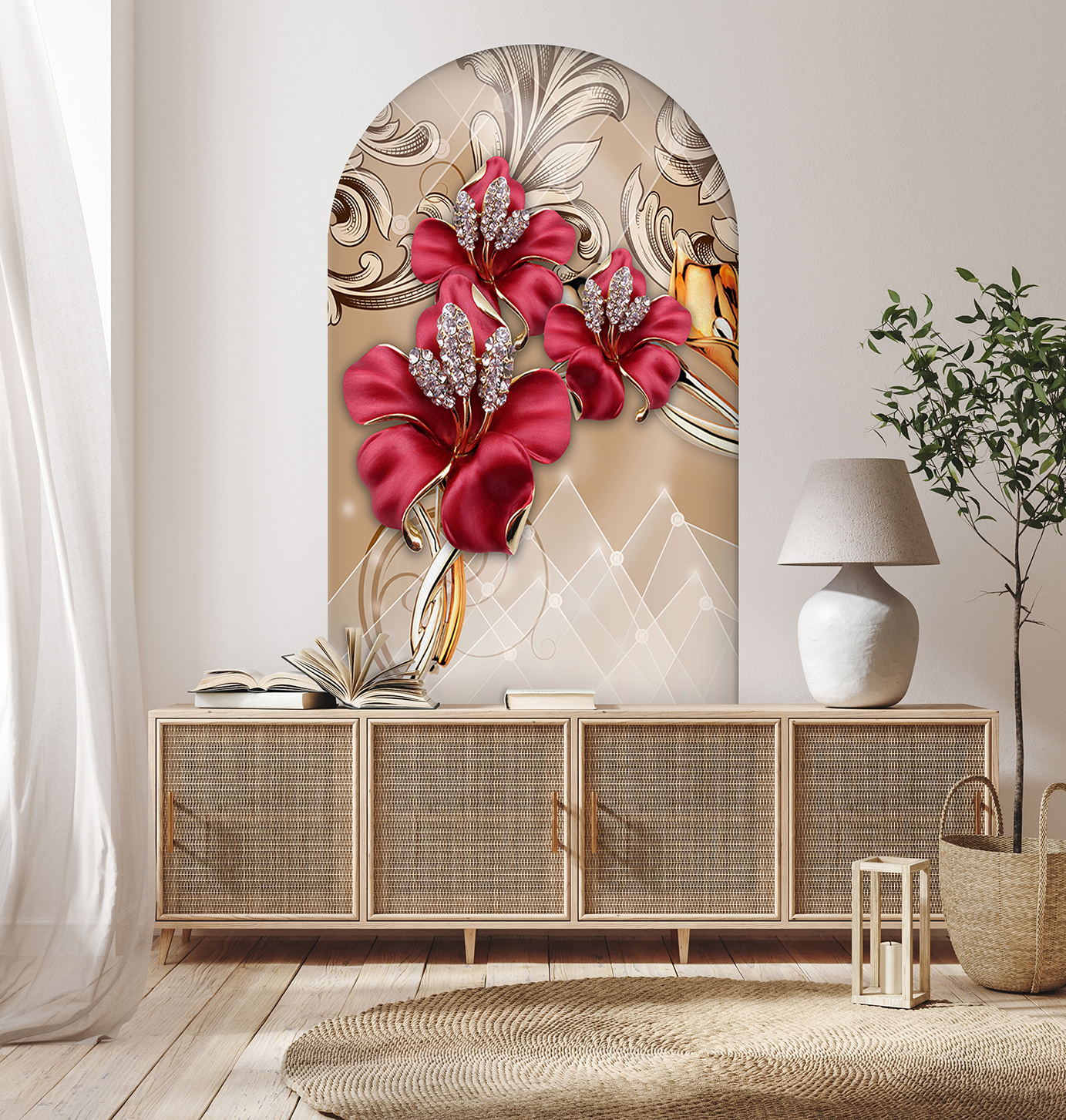 Kırmızı Çiçekli Soyut Duvar Kağıdı - Modern Tasarım