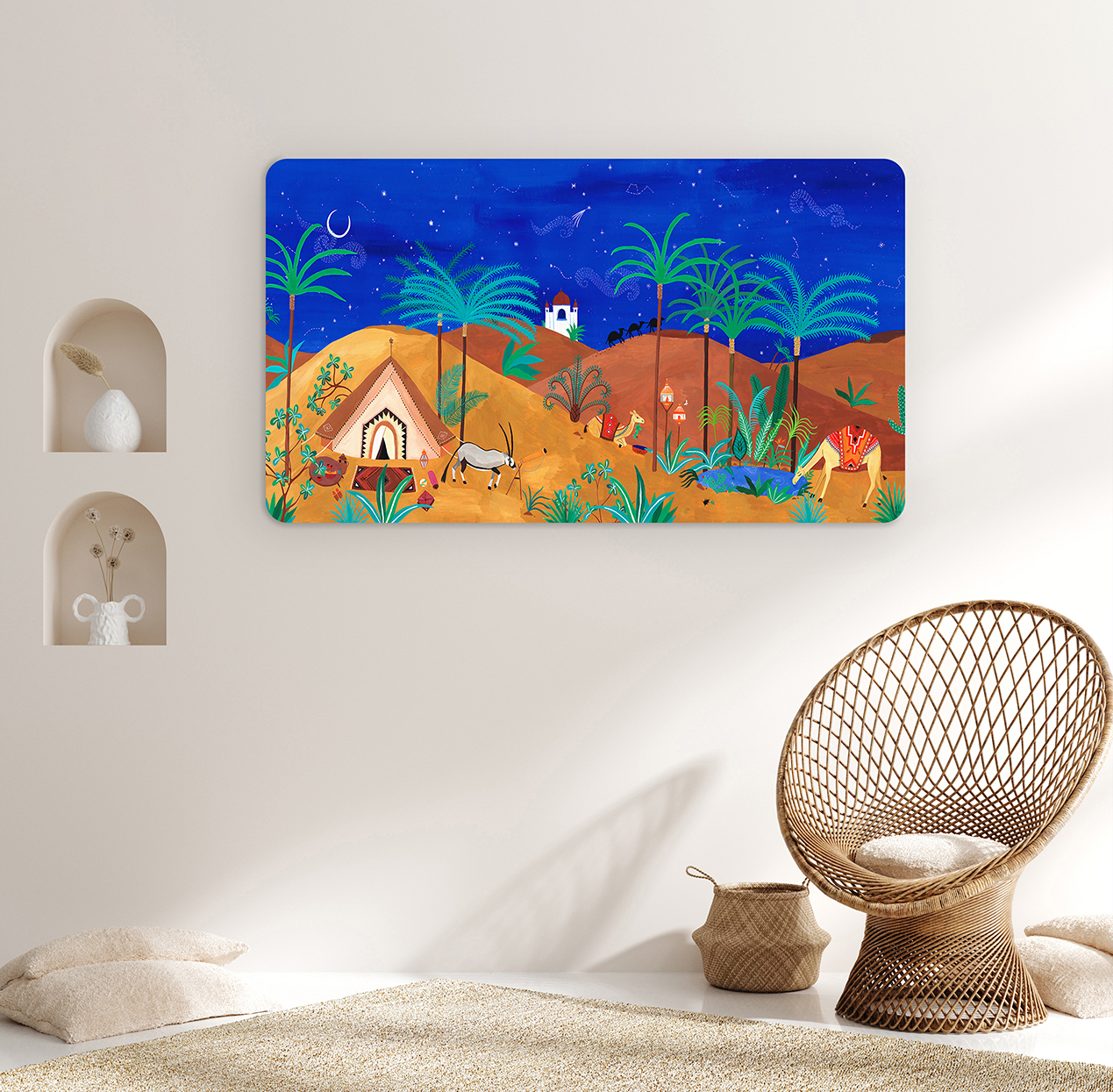 Gece Manzarasında Çöl ve Palmiyeler Temalı Duvar Kağıdı