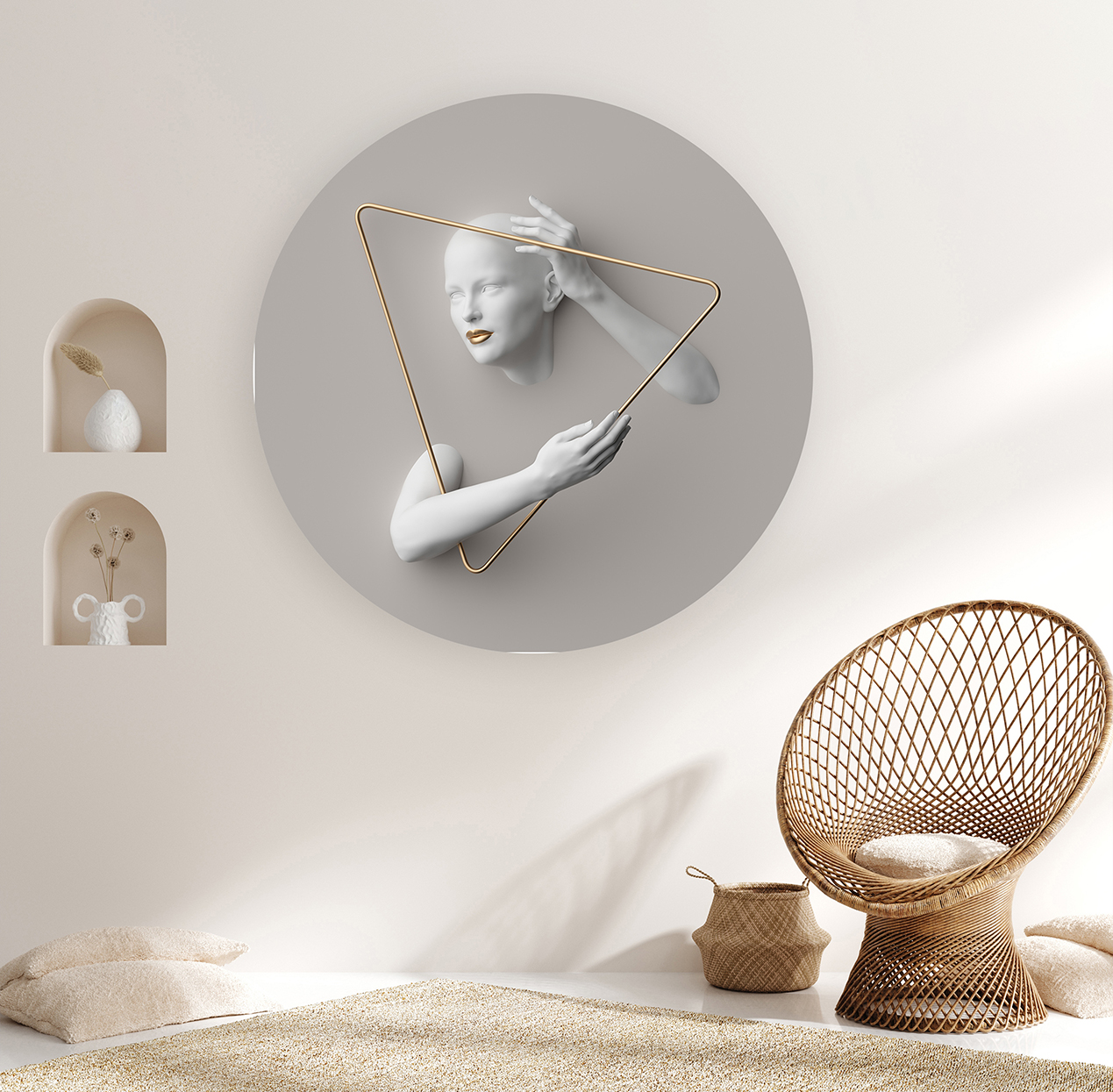 Soyut 3D Kadın Figürü Duvar Kağıdı – Altın Üçgen Çerçeveli Modern Tasarım