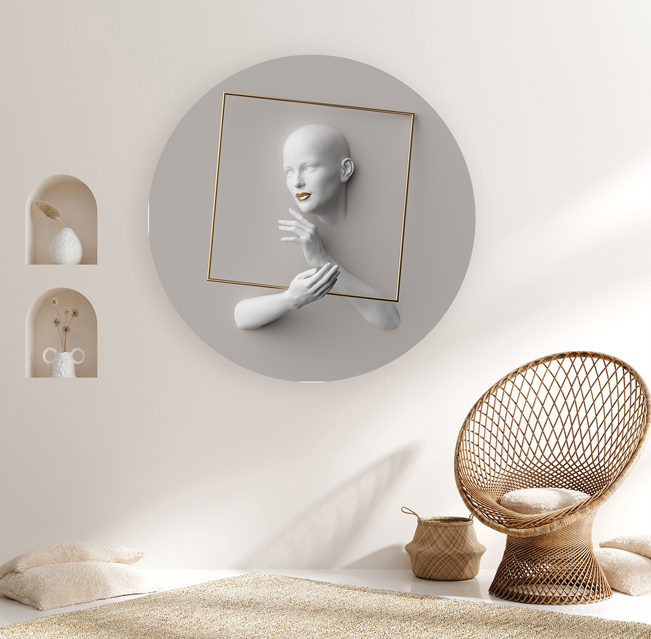 Soyut 3D Kadın Figürü Duvar Kağıdı – Altın Çerçeveli Modern Tasarım