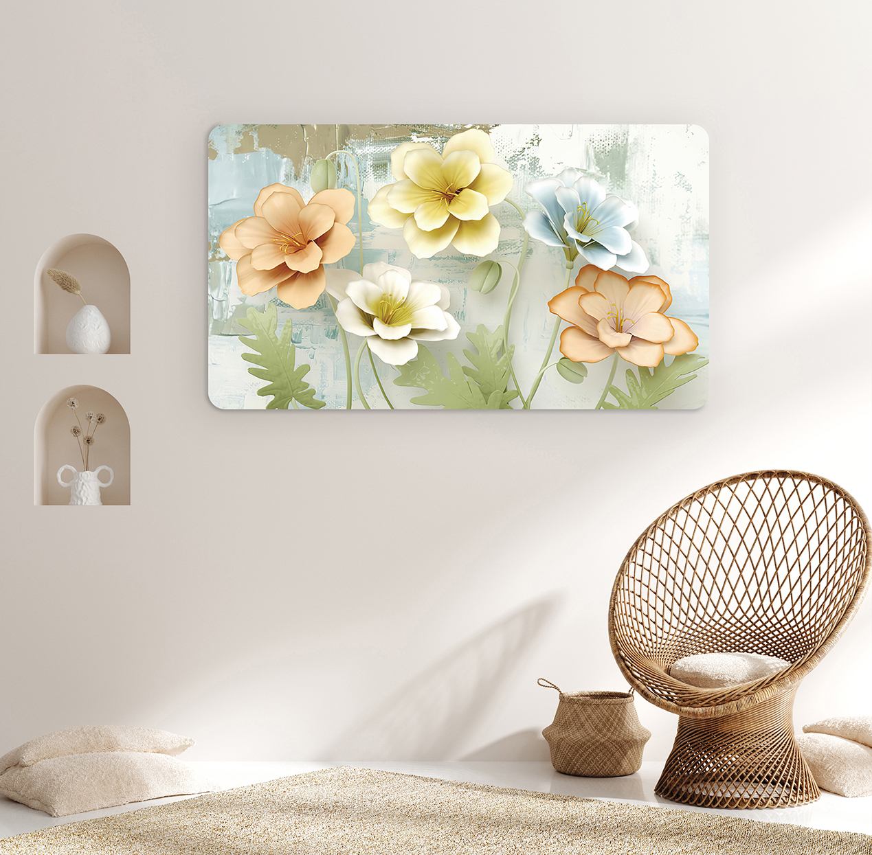 Pastel Çiçek ve Yaprak Desenli Duvar Kağıdı