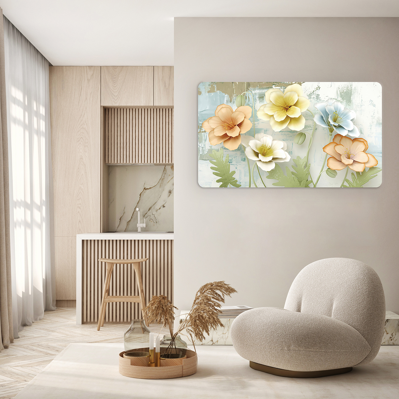 Pastel Çiçek ve Yaprak Desenli Duvar Kağıdı - Görsel 5