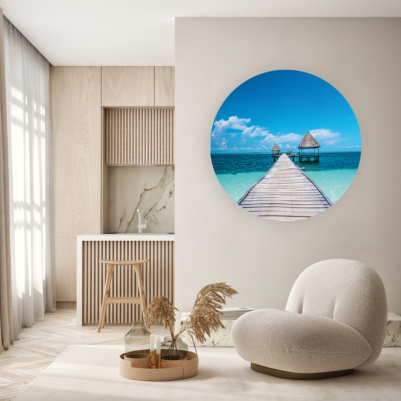 Ahşap İskele ve Konik Çatılı Kulübe Duvar Kağıdı - Turkuaz Deniz Manzaralı - Görsel 5