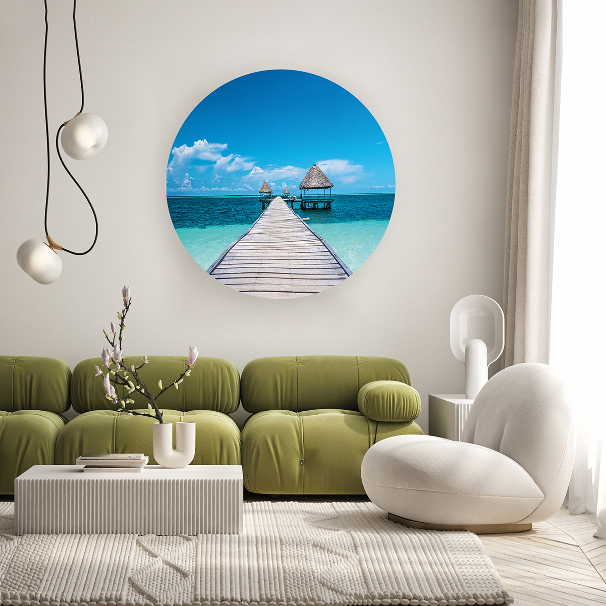 Ahşap İskele ve Konik Çatılı Kulübe Duvar Kağıdı - Turkuaz Deniz Manzaralı - Görsel 6