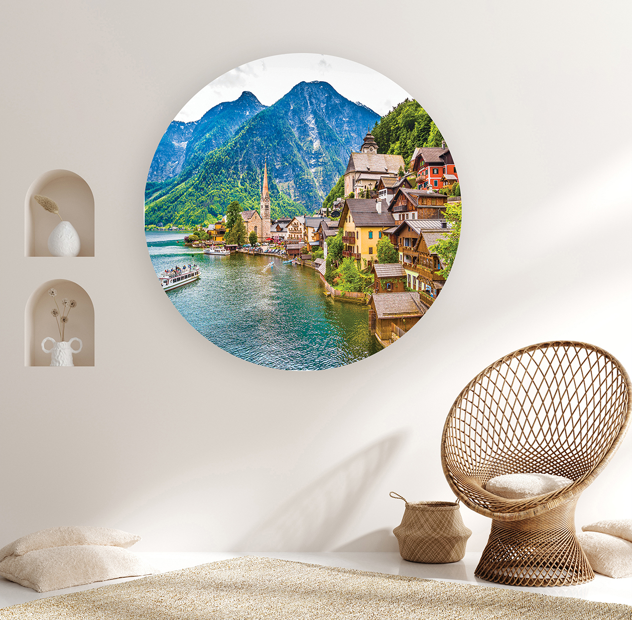 Dağ Manzaralı Yuvarlak Duvar Kağıdı - Modern Tasarım