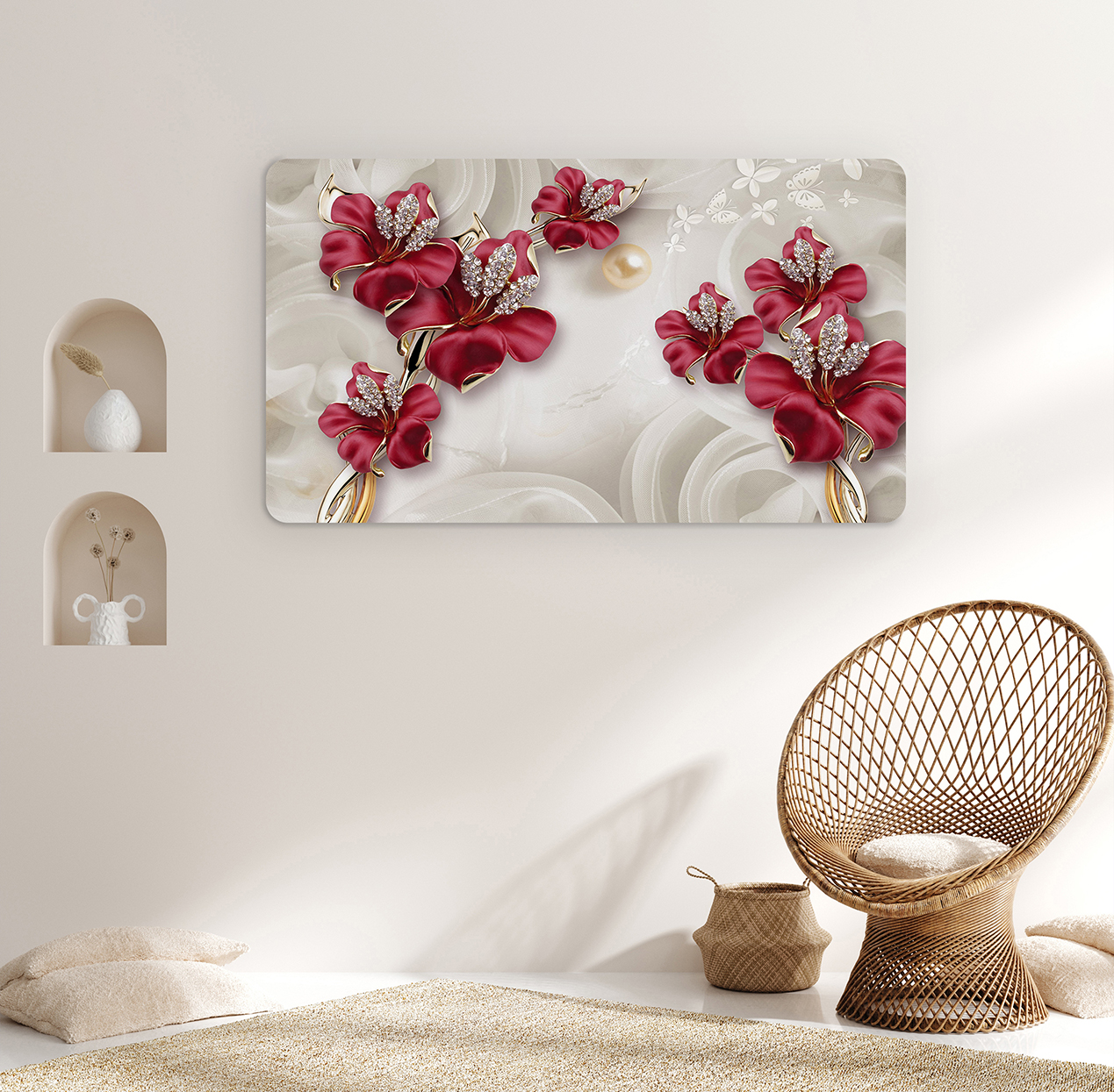 Kırmızı Çiçekli Soyut Duvar Kağıdı - Modern Tasarım
