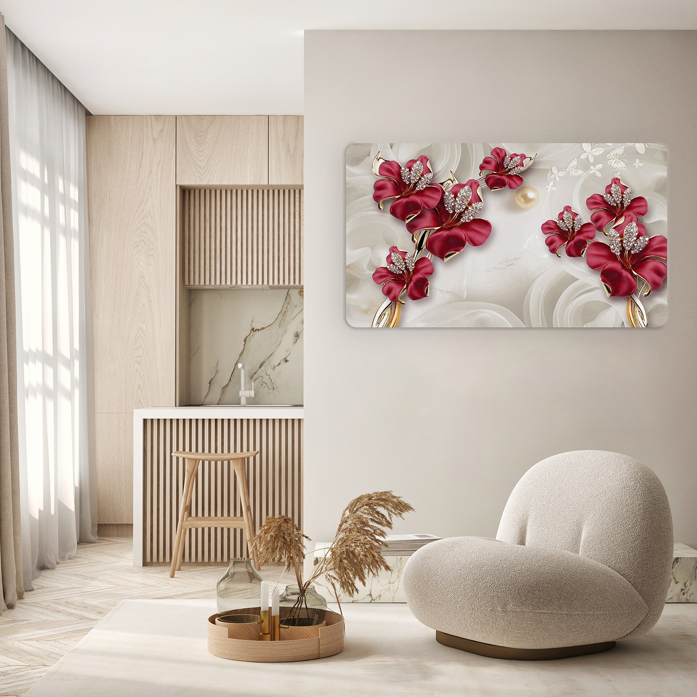 Kırmızı Çiçekli Soyut Duvar Kağıdı - Modern Tasarım - Görsel 5