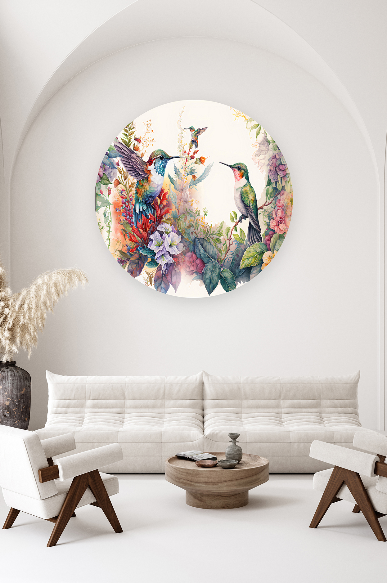 Renkli Hummingbird ve Çiçekli Yuvarlak Duvar Kağıdı - Canlı ve Sanatsal Tasarım - Görsel 2