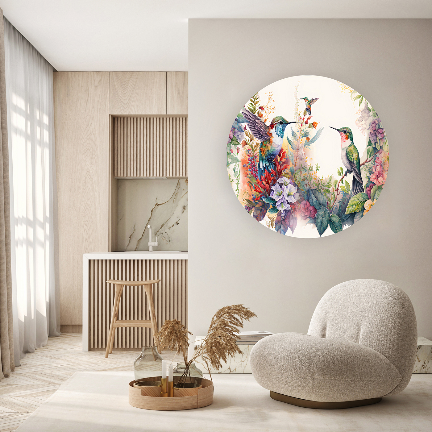 Renkli Hummingbird ve Çiçekli Yuvarlak Duvar Kağıdı - Canlı ve Sanatsal Tasarım - Görsel 5