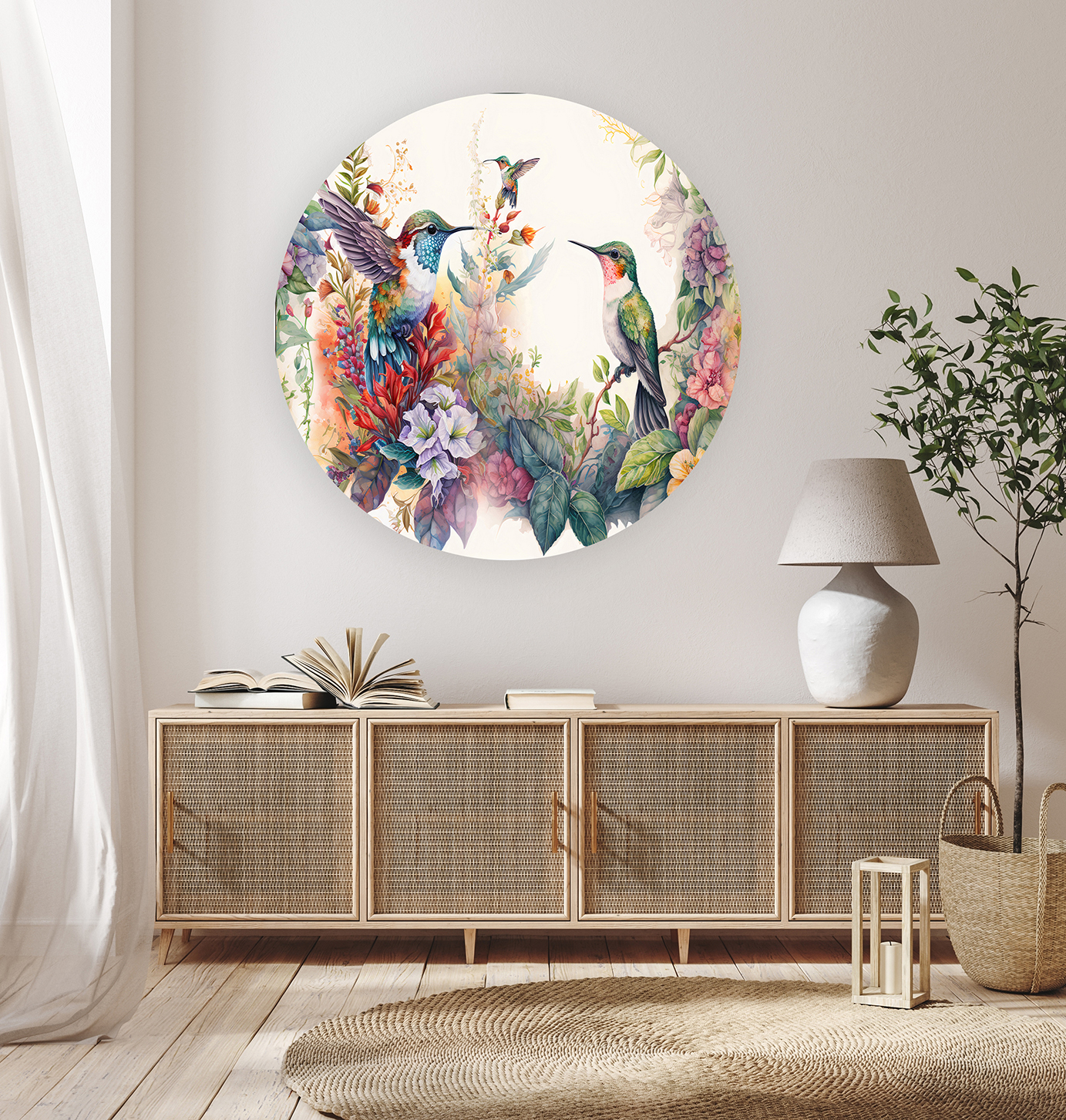 Renkli Hummingbird ve Çiçekli Yuvarlak Duvar Kağıdı - Canlı ve Sanatsal Tasarım - Görsel 7