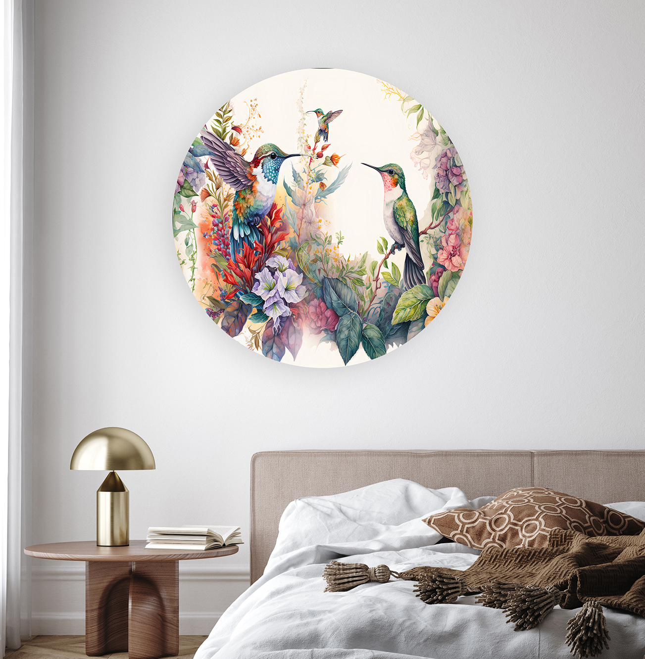 Renkli Hummingbird ve Çiçekli Yuvarlak Duvar Kağıdı - Canlı ve Sanatsal Tasarım - Görsel 8