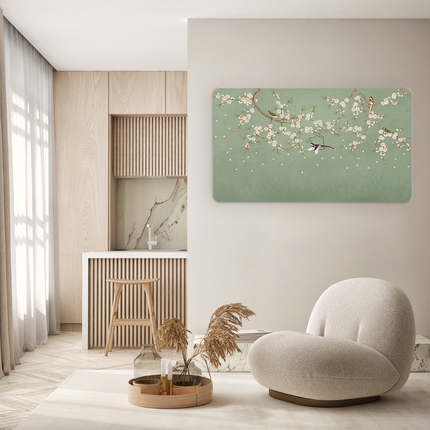 Çiçekli Kuşlar Duvar Kağıdı – Doğal Yeşil Tasarım - Görsel 5