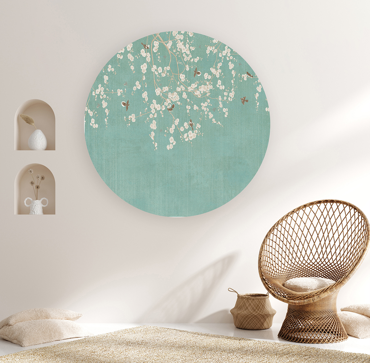 Beyaz Çiçekli Kuşlu Duvar Kağıdı – Doğal ve Zarif Tasarım