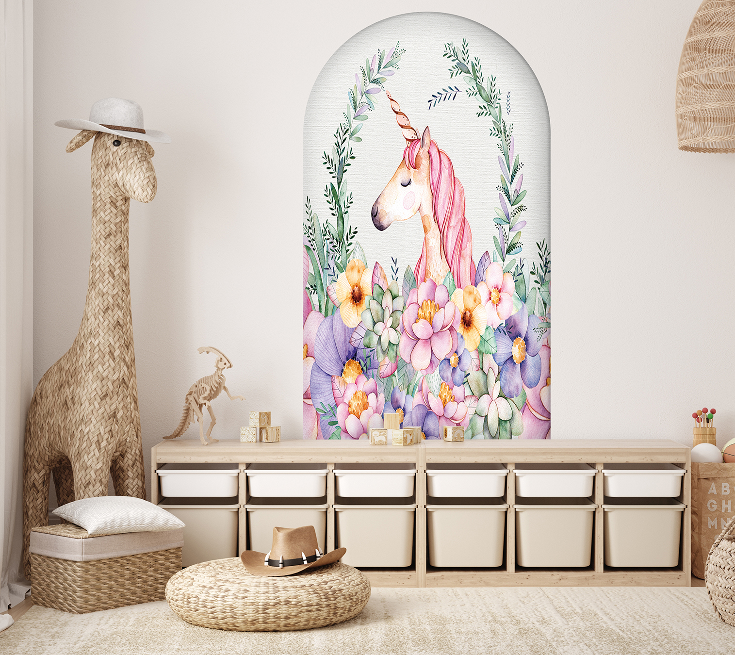 Unicorn ve Çiçek Temalı Duvar Kağıdı - Çocuk Odası Dekoru