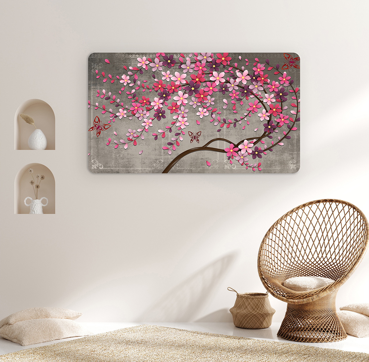Pembe Çiçekli Ağaç Dalı Duvar Kağıdı - Modern ve Şık Tasarım