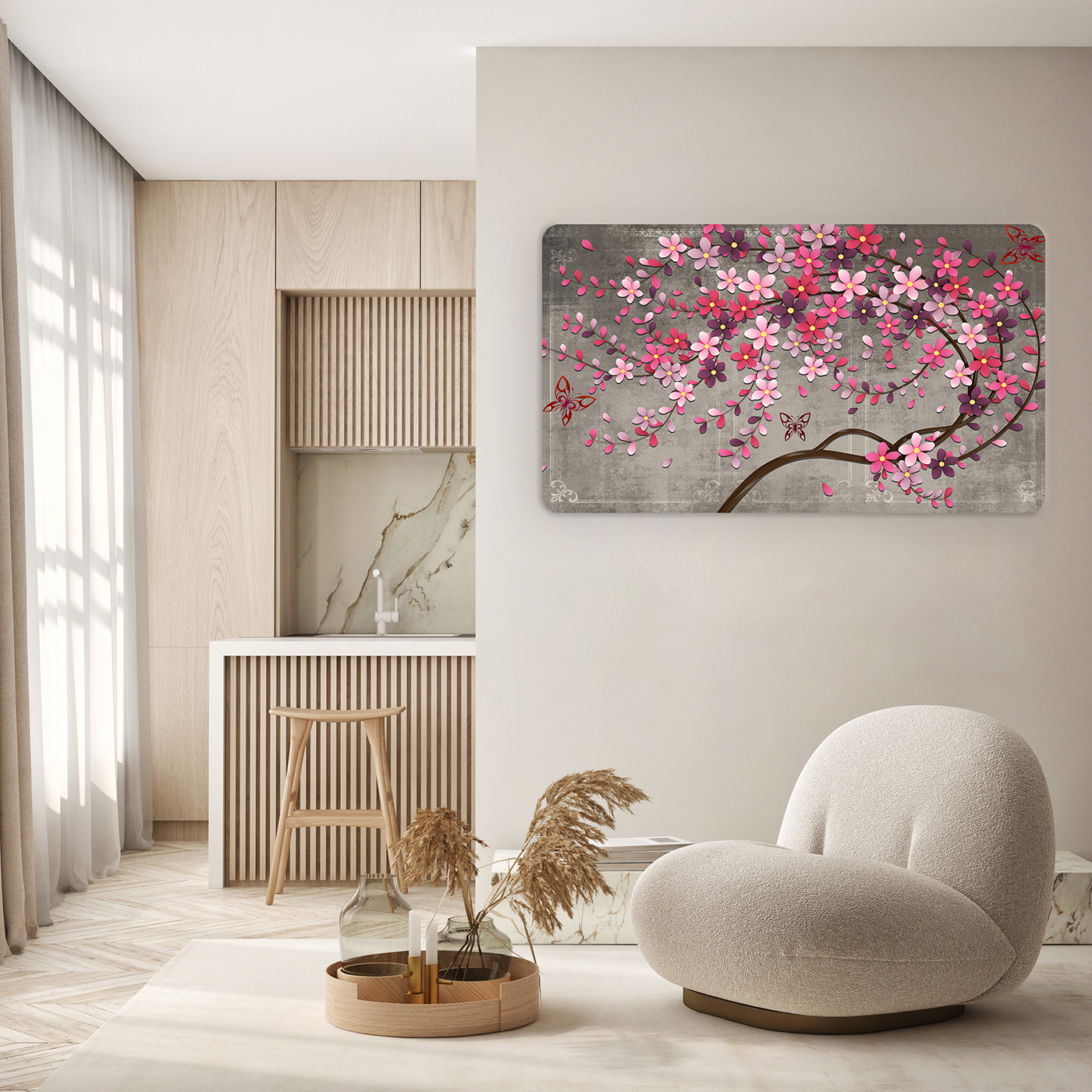 Pembe Çiçekli Ağaç Dalı Duvar Kağıdı - Modern ve Şık Tasarım - Görsel 5