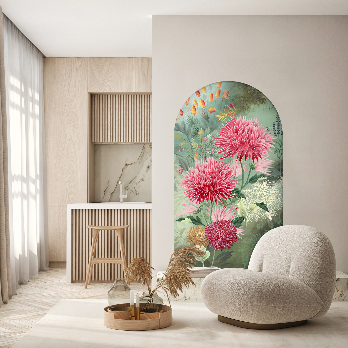 Pembe Çiçek ve Doğal Bitki Desenli Duvar Kağıdı Canlı Ev Dekorasyonu - Görsel 4
