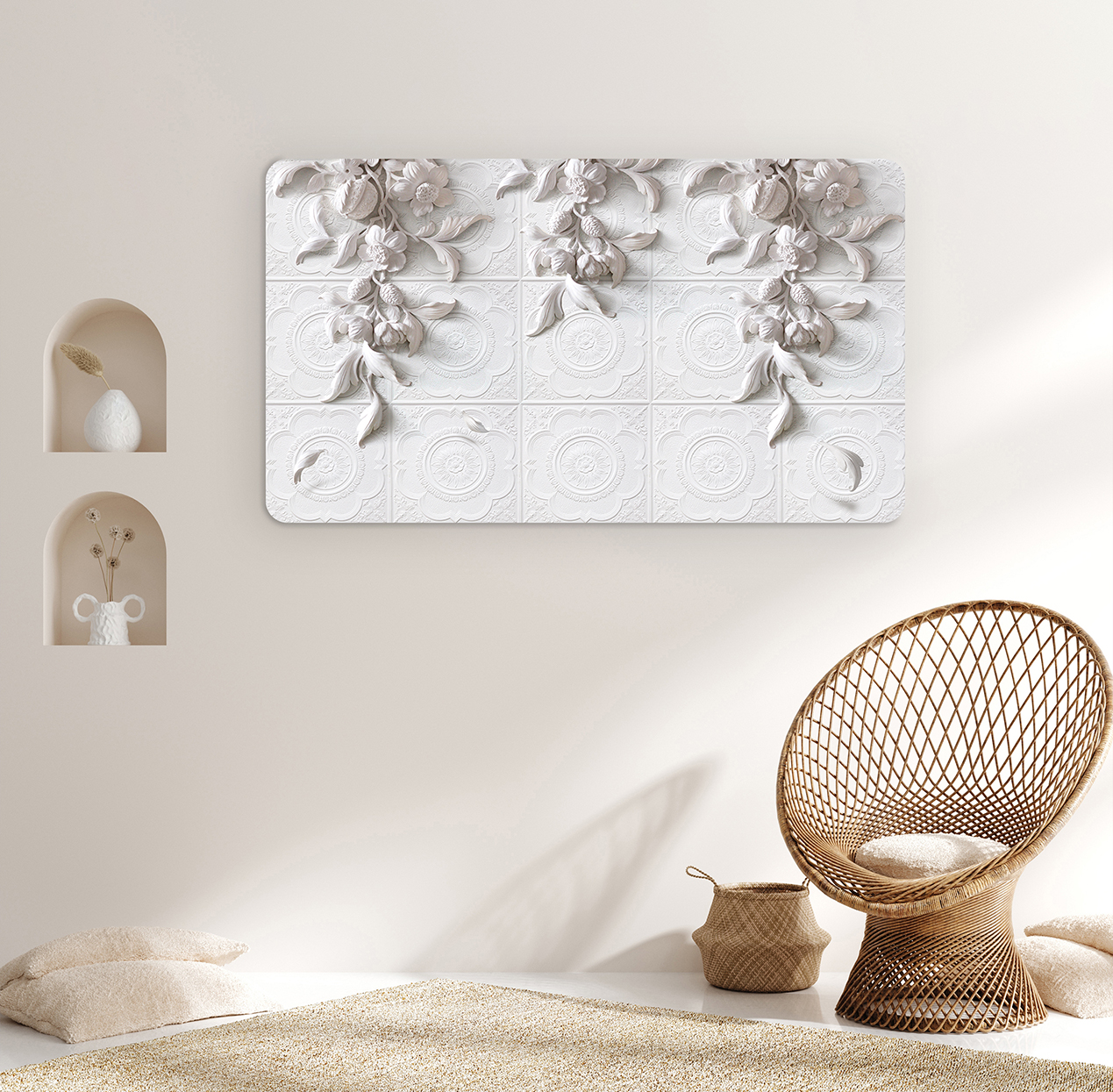 Beyaz Çiçek Desenli 3D Duvar Kağıdı - Modern Tasarım
